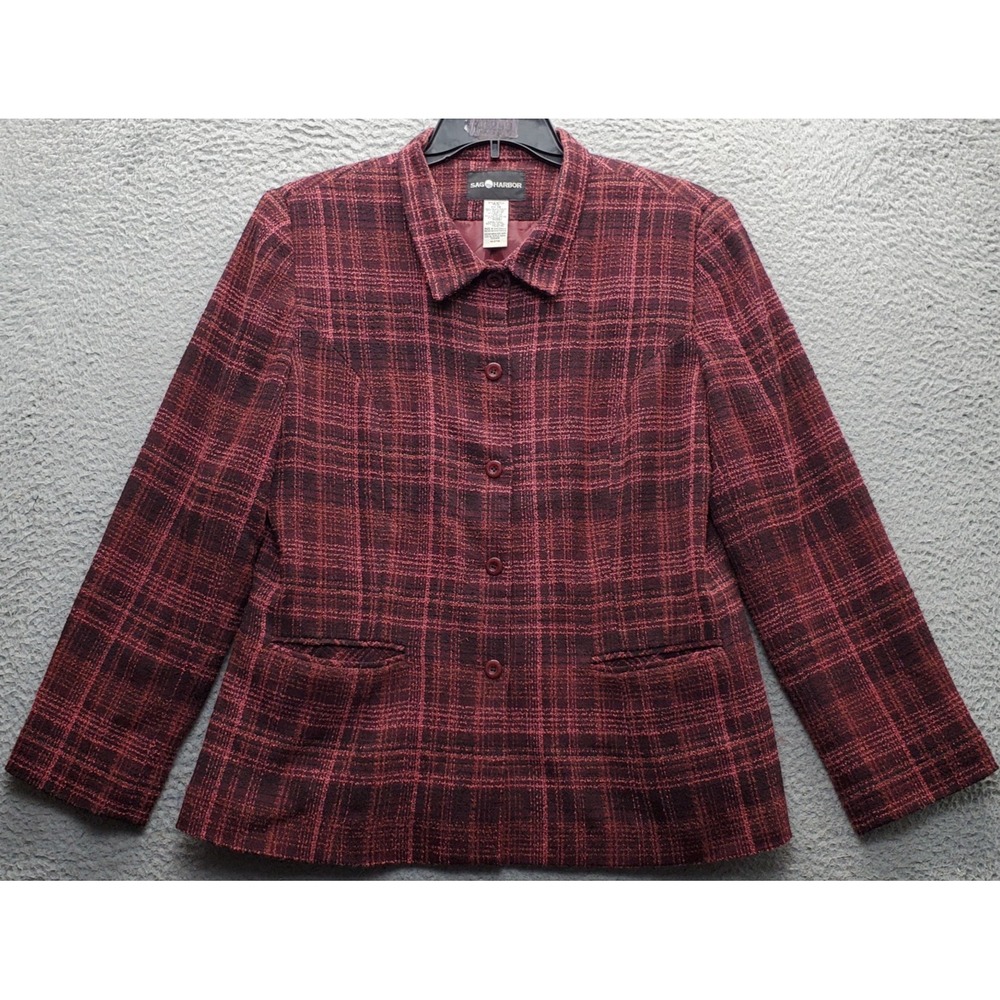 Sag Harbor Jacket Womens Size 14 Multi Plaid Lined Stretch Collared Button Front